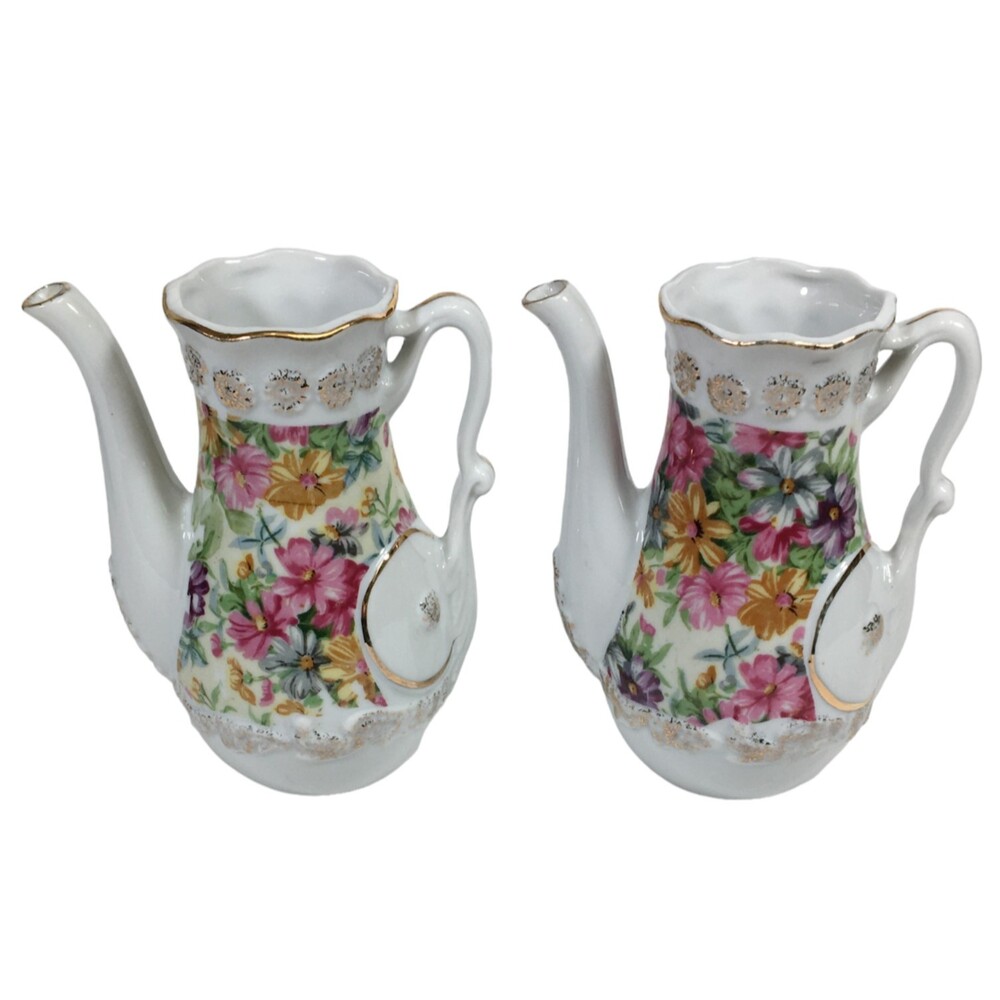 2 Tilso Porcelain Pitcher Small Teapot Flower Bud Vase Set Vtg Japan Floral Pair